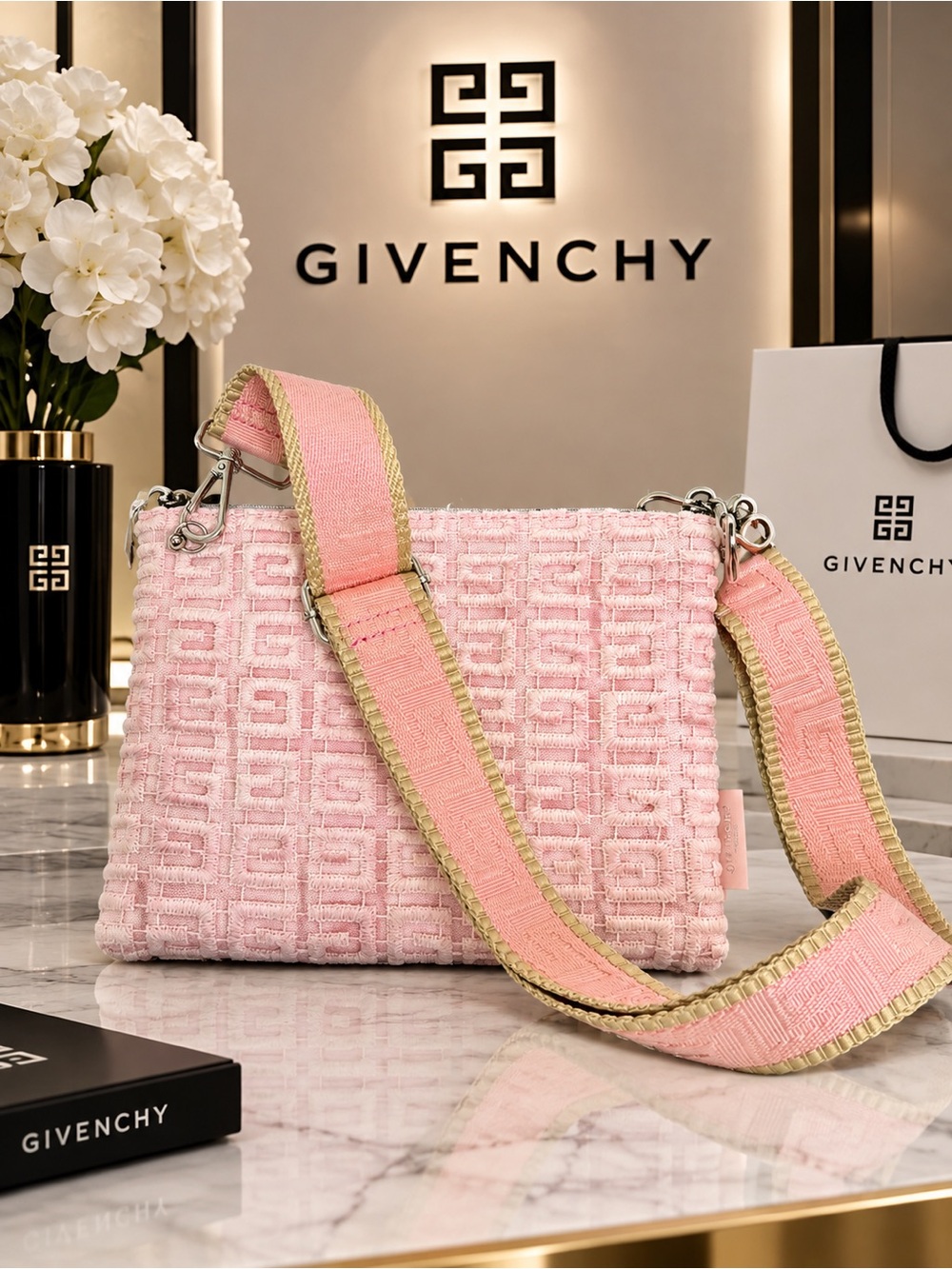 Givenchy Pink Textured Crossbody with Wide Trimmed Strap